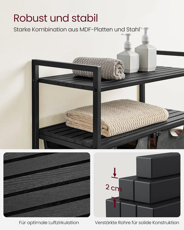 Wäschekorb mit 2 Fächern und 2 Ablagen, schwarz-grau von Songmics