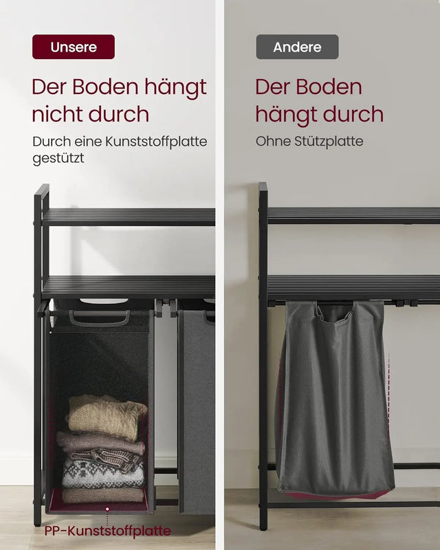 Wäschekorb mit 2 Fächern und 2 Ablagen, schwarz-grau von Songmics