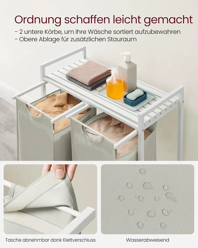 Wäschekorb mit 2 Fächern und Ablage, cremeweiss-mattweiss von Songmics