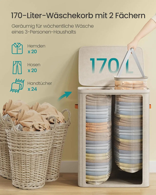 Wäschekorb Gross 170L Zwei Fächer Cappuccinobeige von Songmics