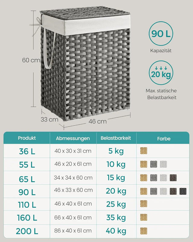 Wäschekorb Rattan Faltbar 90L Taubengrau von Songmics