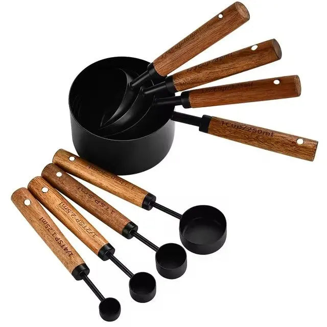 8 Teiliges Edelstahl Messbecher und Messlöffel mit Holzgriff Set Schwarz von Homerely