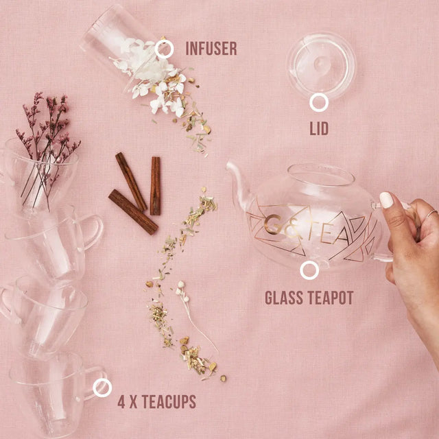 Gin Teekrug aus Glas mit Tassen von Oak & Steel