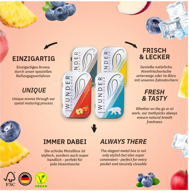 Zahnstocher Starterpack 4 Geschmacksrichtungen von Wunder Zahnstocher