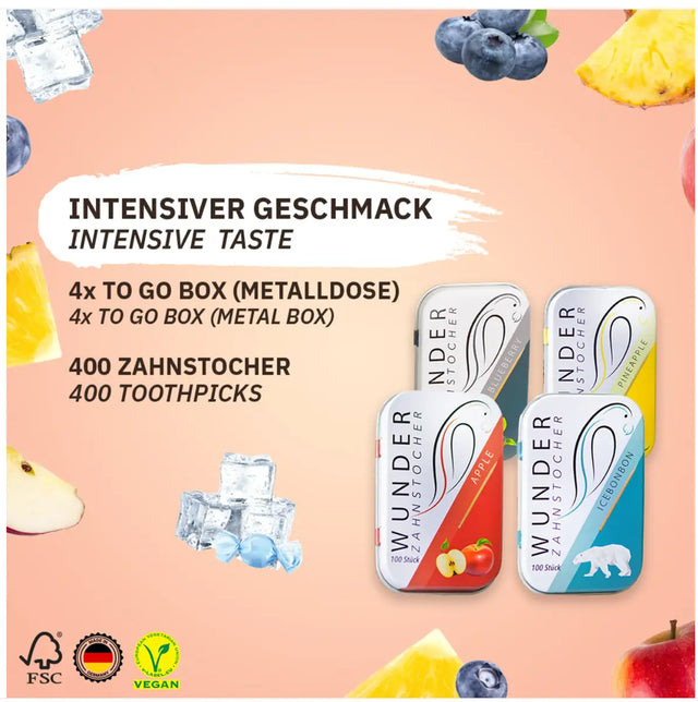 Zahnstocher Starterpack 4 Geschmacksrichtungen von Wunder Zahnstocher