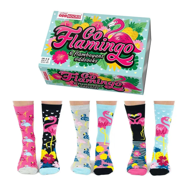 Einzelne Socken im 6er Pack, GO FLAMINGO, Gr. 37-42, mit Geschenkbox von United Oddsocks
