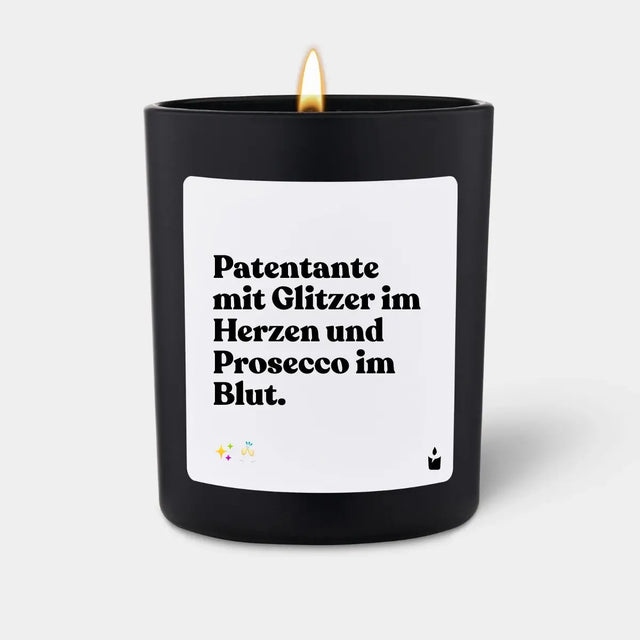Duftkerze Schwarz Woody Patentante mit Glitzer im Herzen und Prosecco im Blut. von ChattyCandles