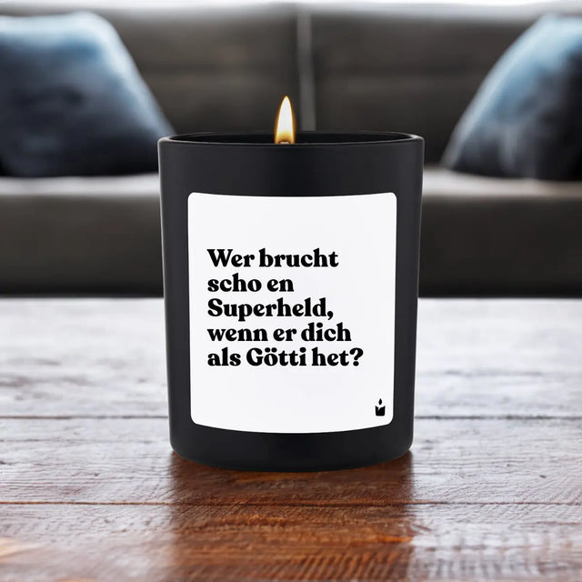 Duftkerze Schwarz Woody Wer brucht scho en Superheld, wenn er dich als Götti het? von ChattyCandles