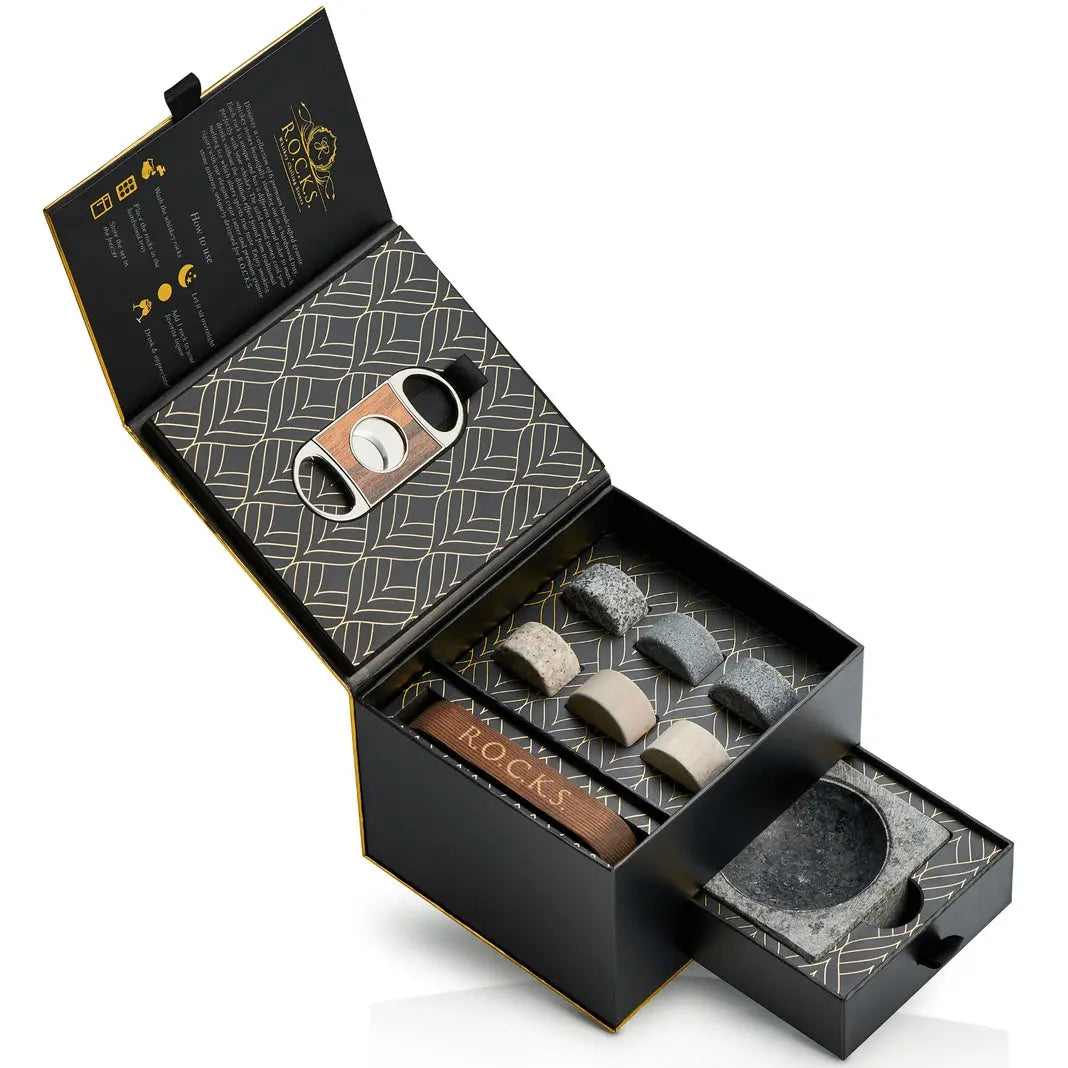 Geschenkset Zigarrenschneider mit Kühlsteinen und Aschenbecher von ROCKS Whiskey Chilling Stones