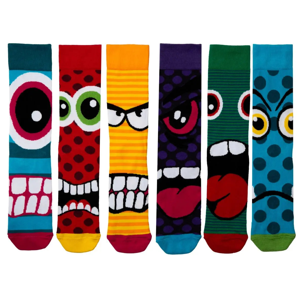 Einzelne Socken im 6er Pack, THE STRESS HEADS Bunte Monster, Gr. 39-46, mit Geschenkbox von guteszeug.ch