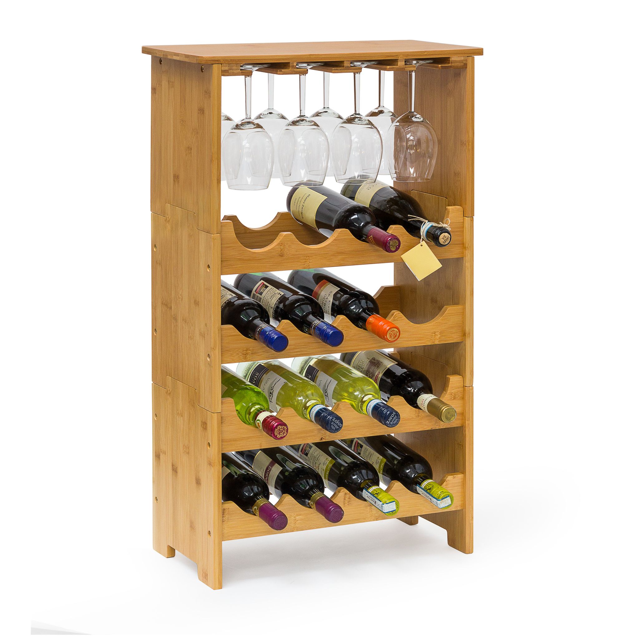 Weinregal Bambus 16 Flaschen + 12 Gläser Hellbraun von Relaxdays