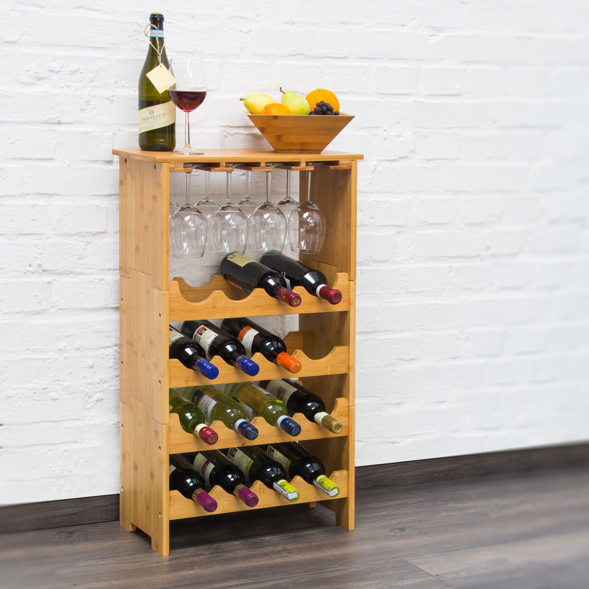 Weinregal Bambus 16 Flaschen + 12 Gläser Hellbraun von Relaxdays