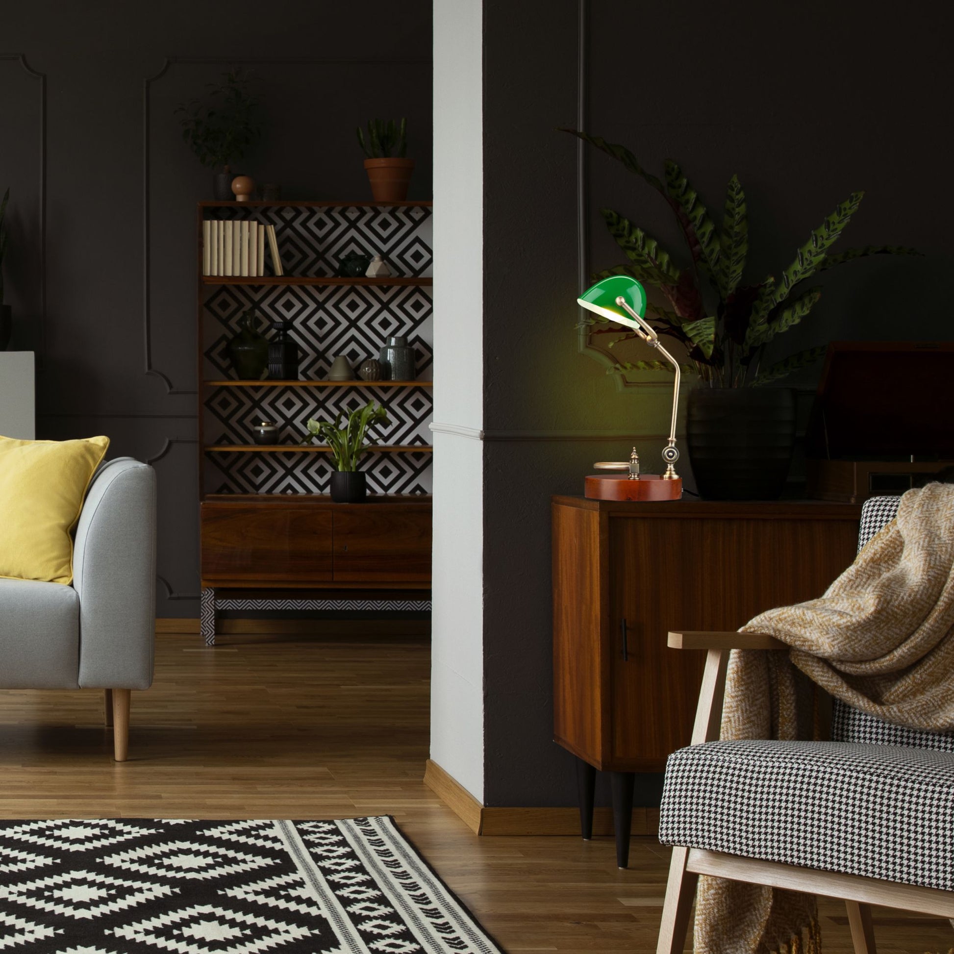 Bankerlampe mit grünem Schirm Braun-Dunkelgrün-Gold von Relaxdays