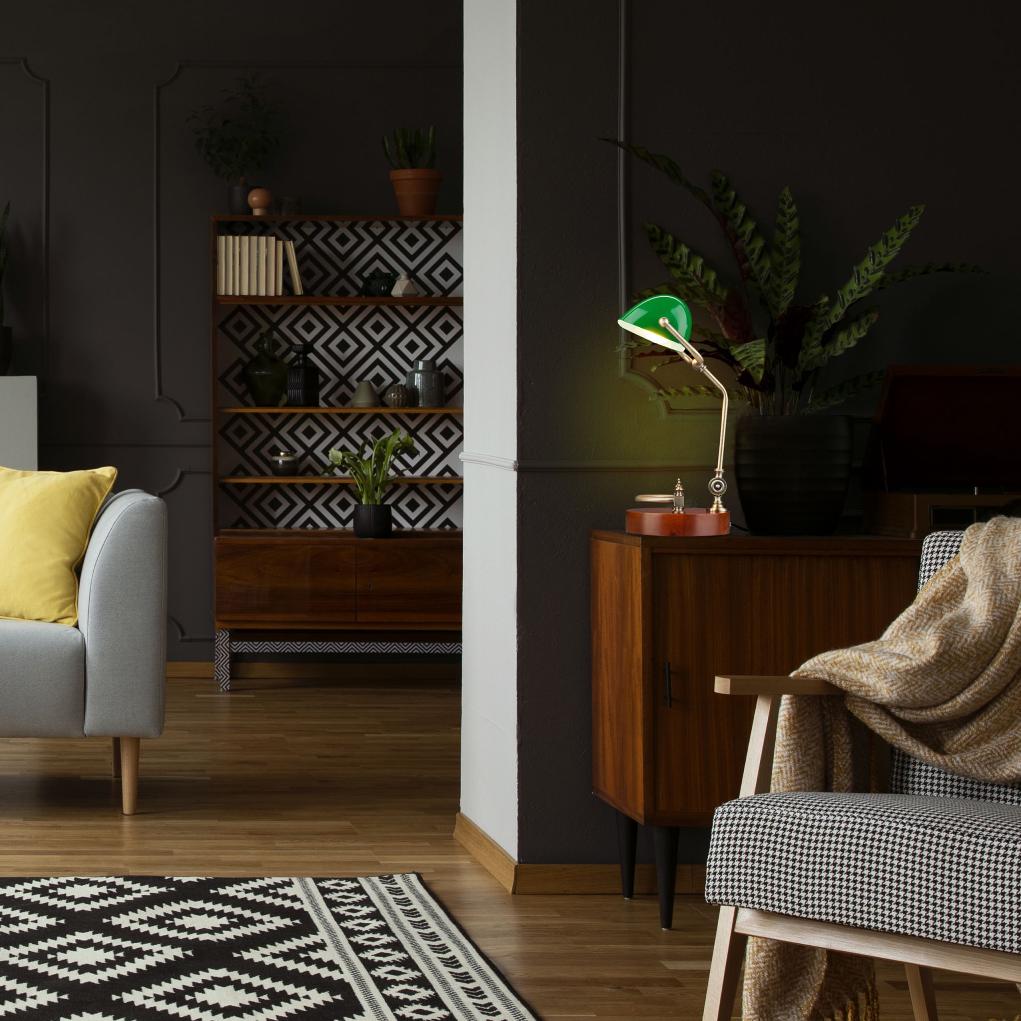Bankerlampe mit grünem Schirm Braun-Dunkelgrün-Gold von Relaxdays