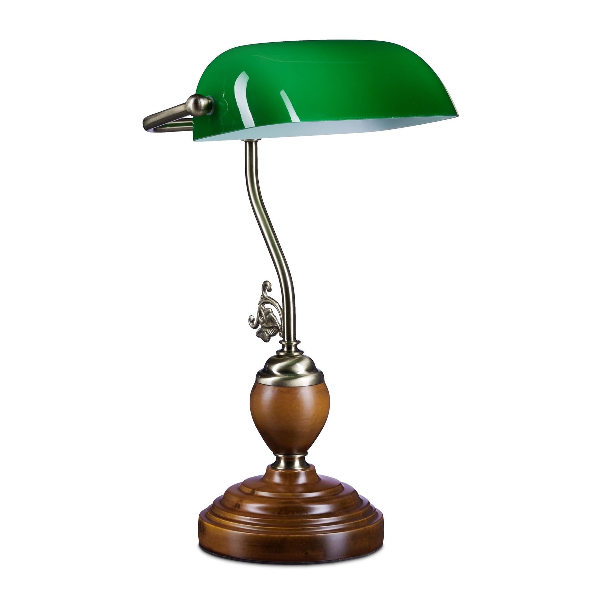 Bankerlampe JONES mit Holzfuss Braun-Dunkelgrün-Gold von Relaxdays