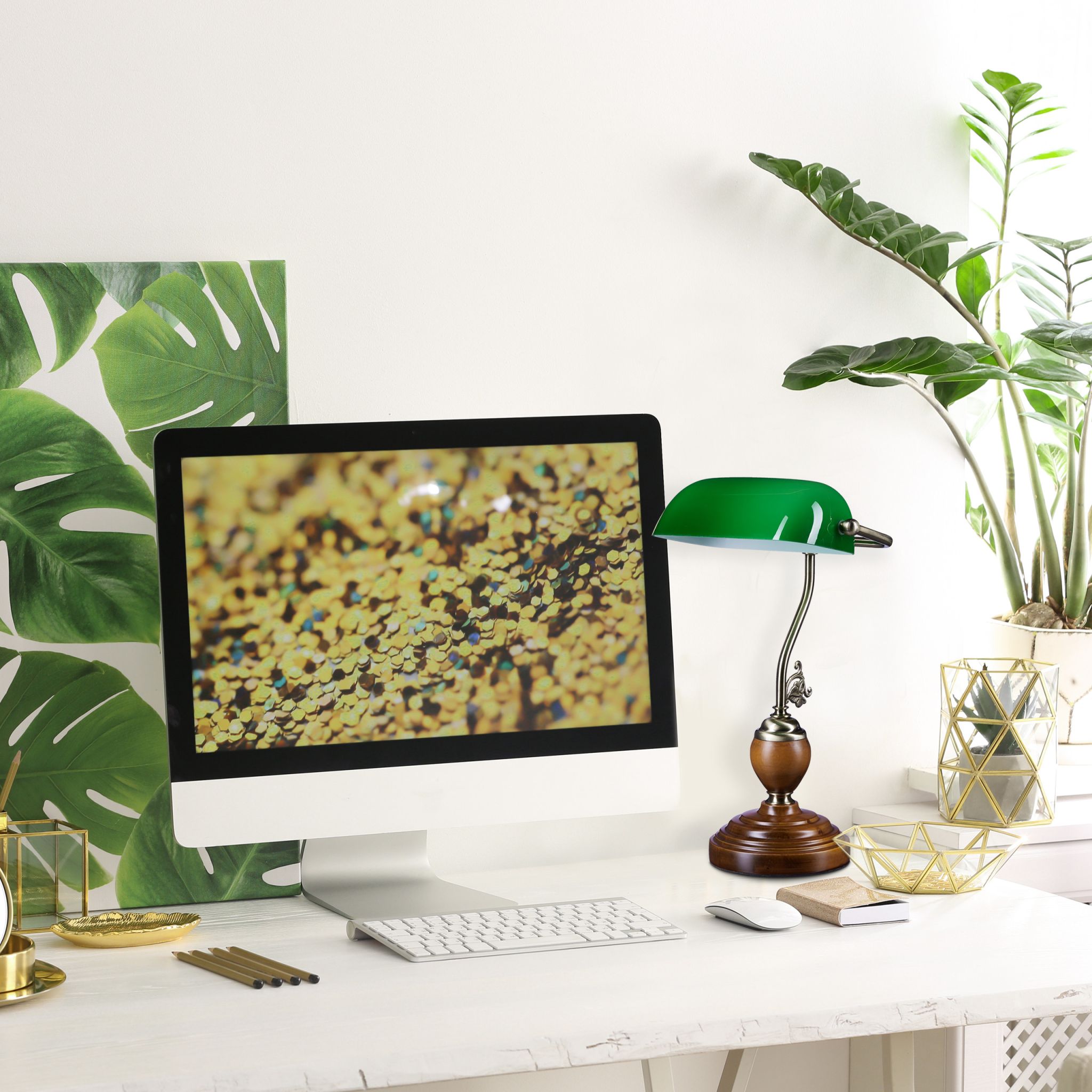Bankerlampe JONES mit Holzfuss Braun-Dunkelgrün-Gold von Relaxdays