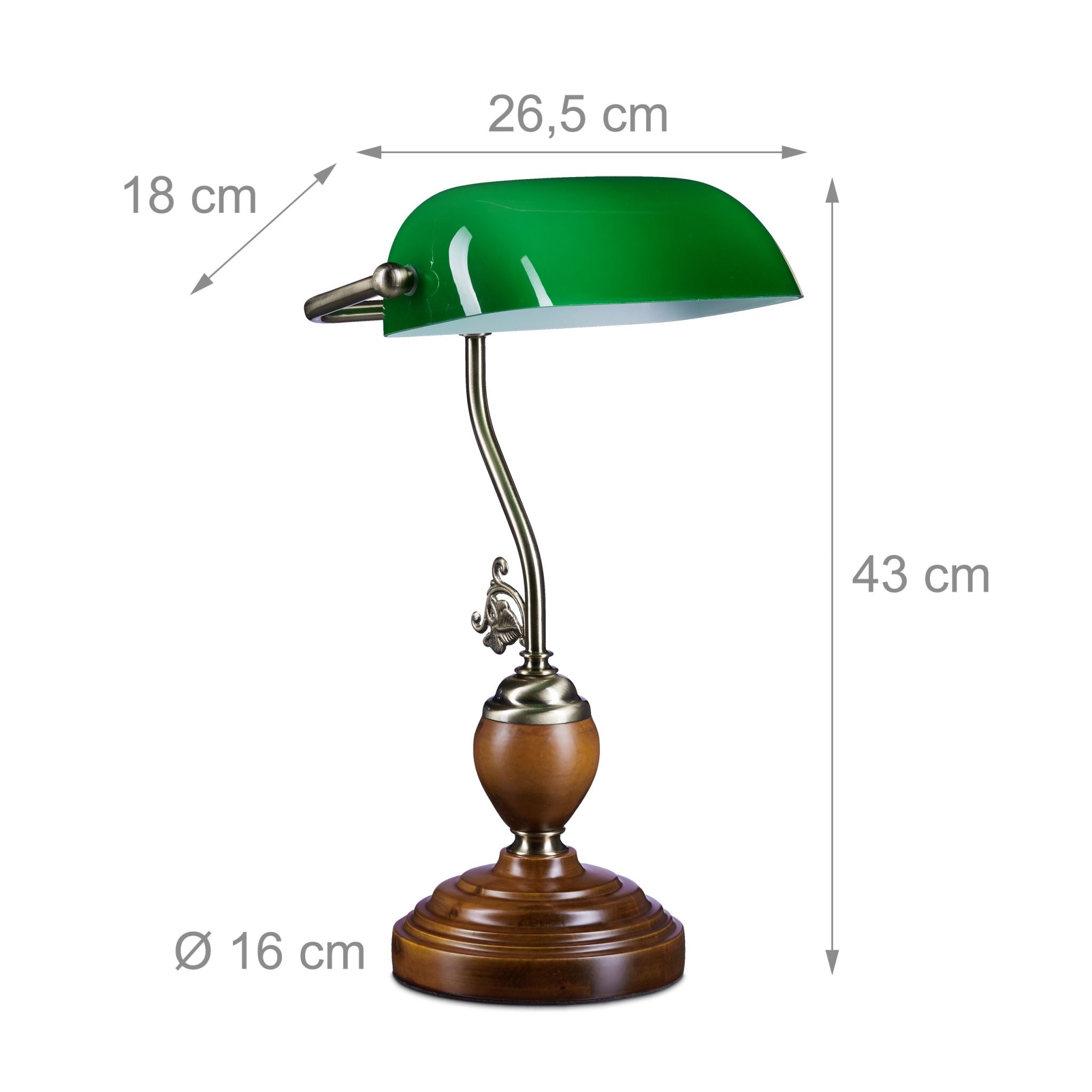 Bankerlampe JONES mit Holzfuss Braun-Dunkelgrün-Gold von Relaxdays
