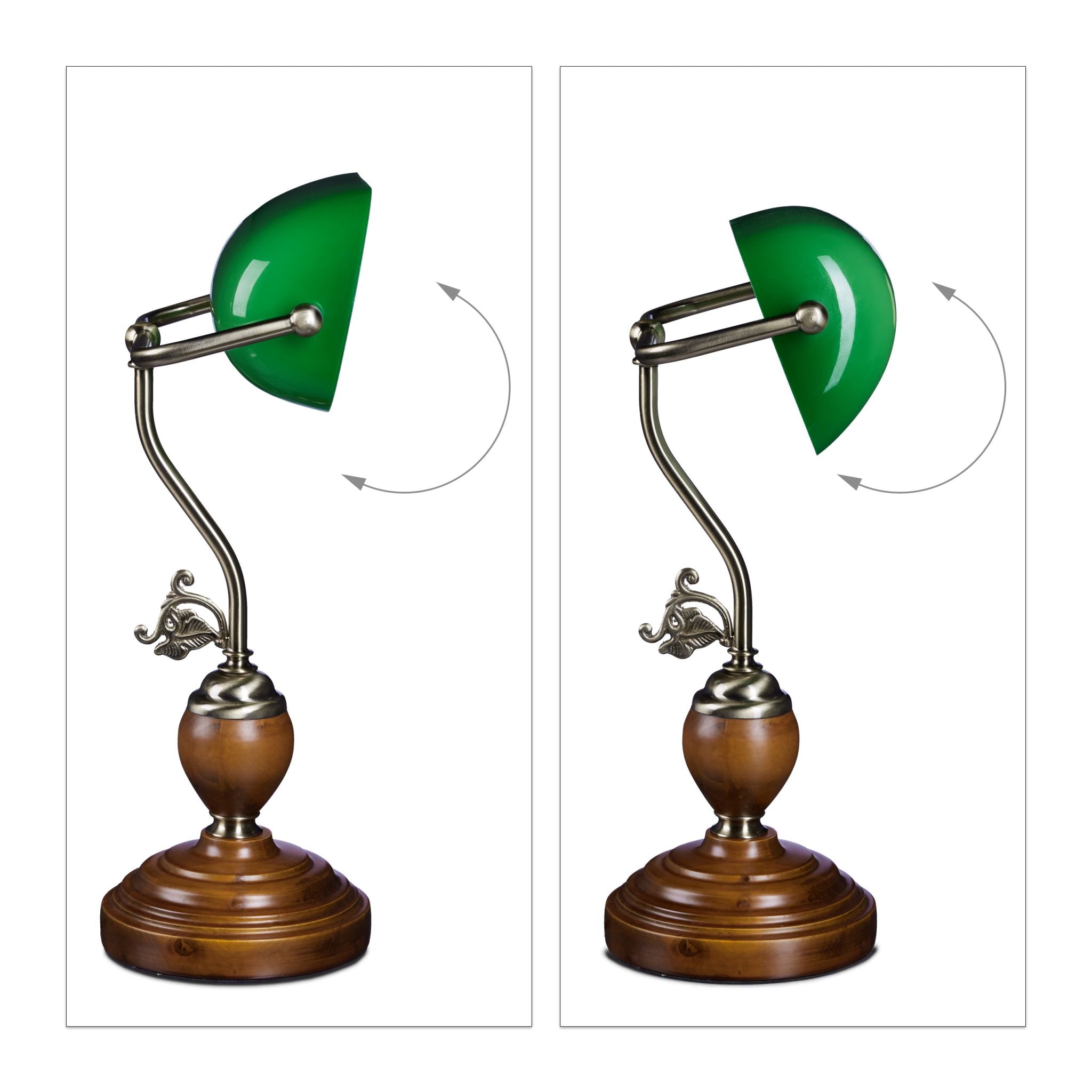 Bankerlampe JONES mit Holzfuss Braun-Dunkelgrün-Gold von Relaxdays