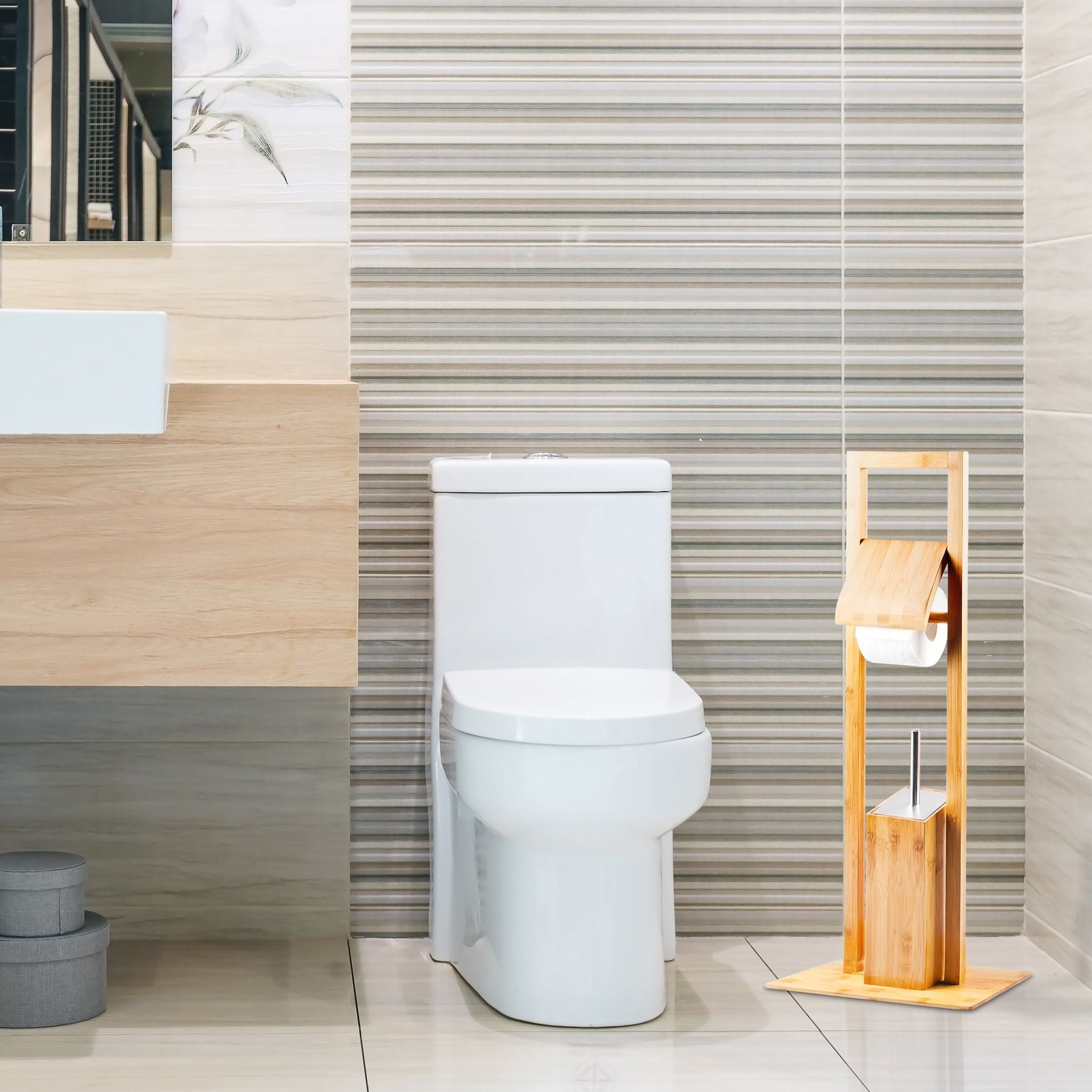WC Garnitur Bambus Weiss-Hellbraun-Silber