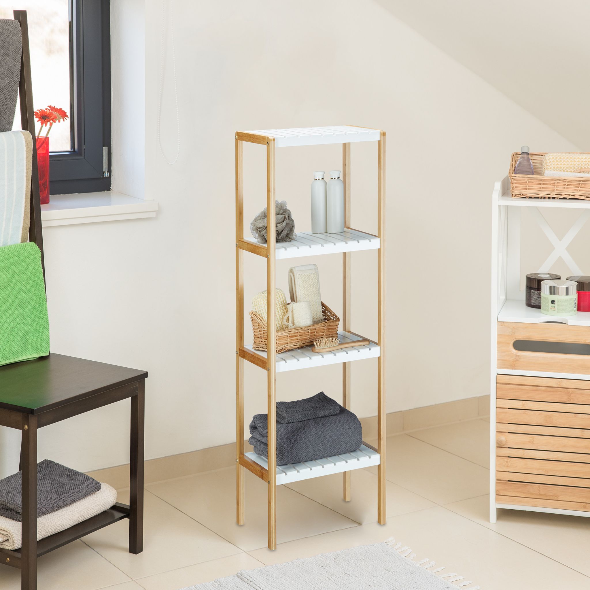 Regal Bambus mit 4 Ablagen Weiss-Hellbraun von Relaxdays