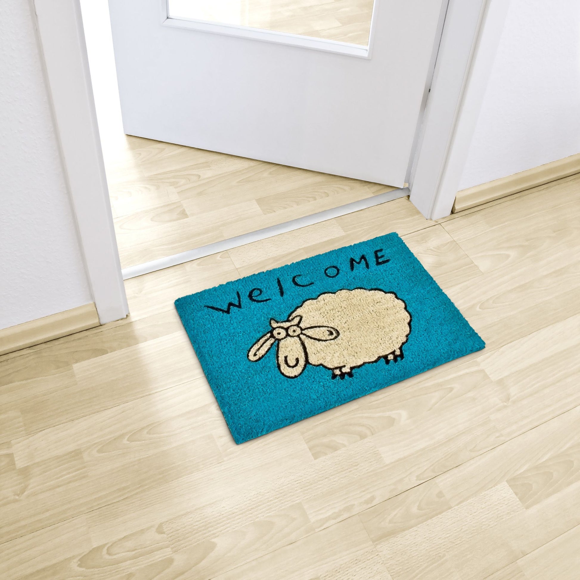 Fussmatte Kokos WELCOME Schaf blau Weiss-Blau von Relaxdays