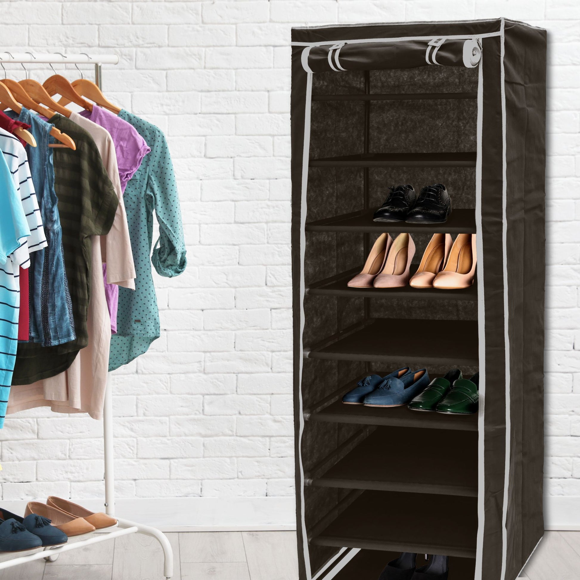 Schuhschrank Stoffbezug 9 Ablagen Weiss-Schwarz von Relaxdays