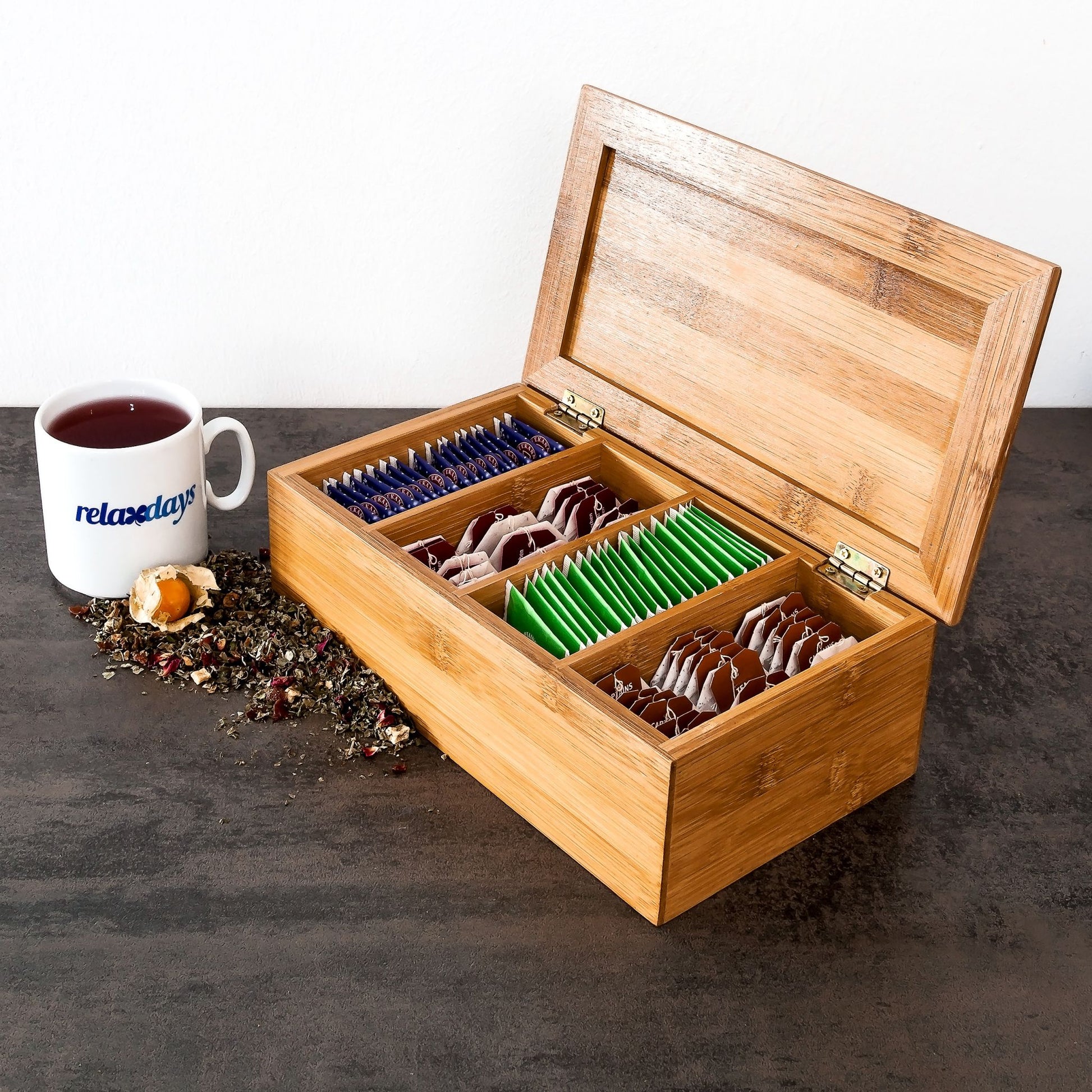 Teebox Bambus lackiert 4 Fächer Hellbraun von Relaxdays