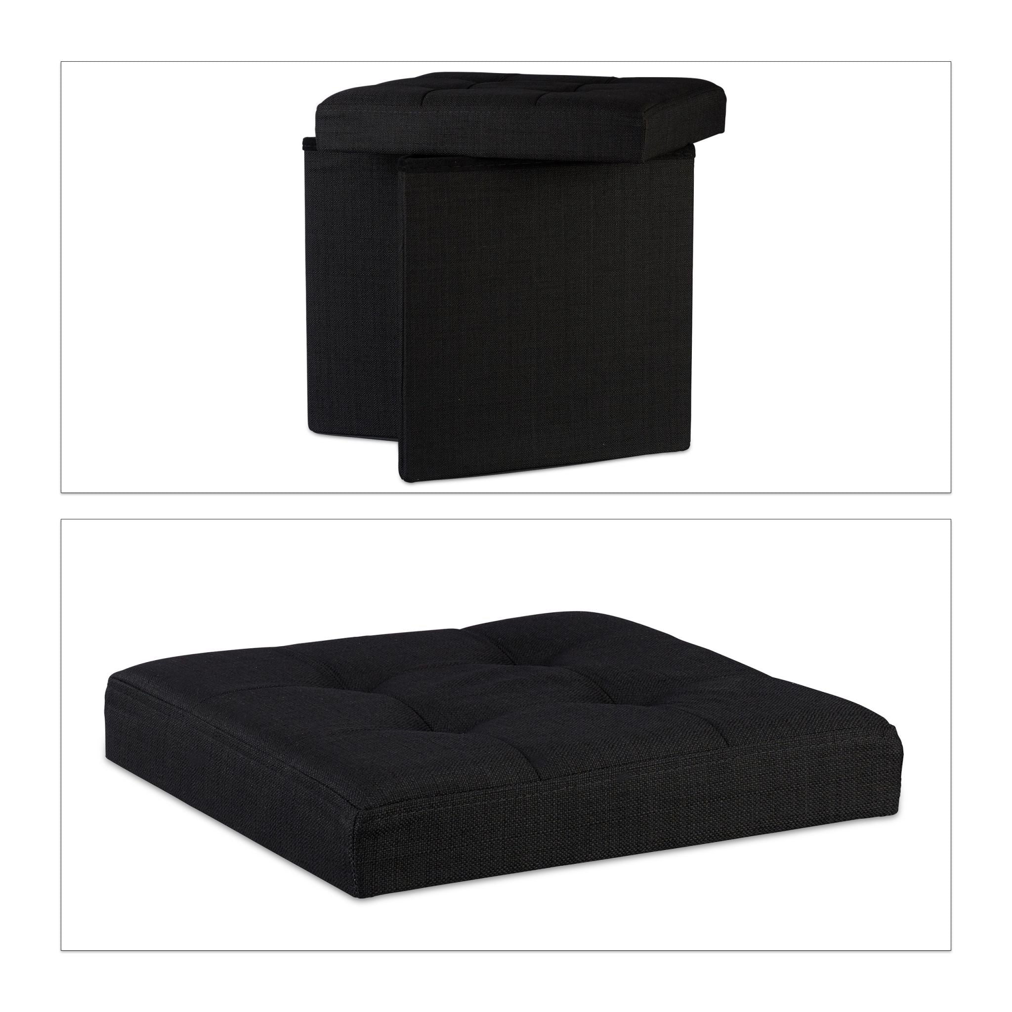 Faltbarer Sitzhocker mit Stauraum Leinen Schwarz von Relaxdays