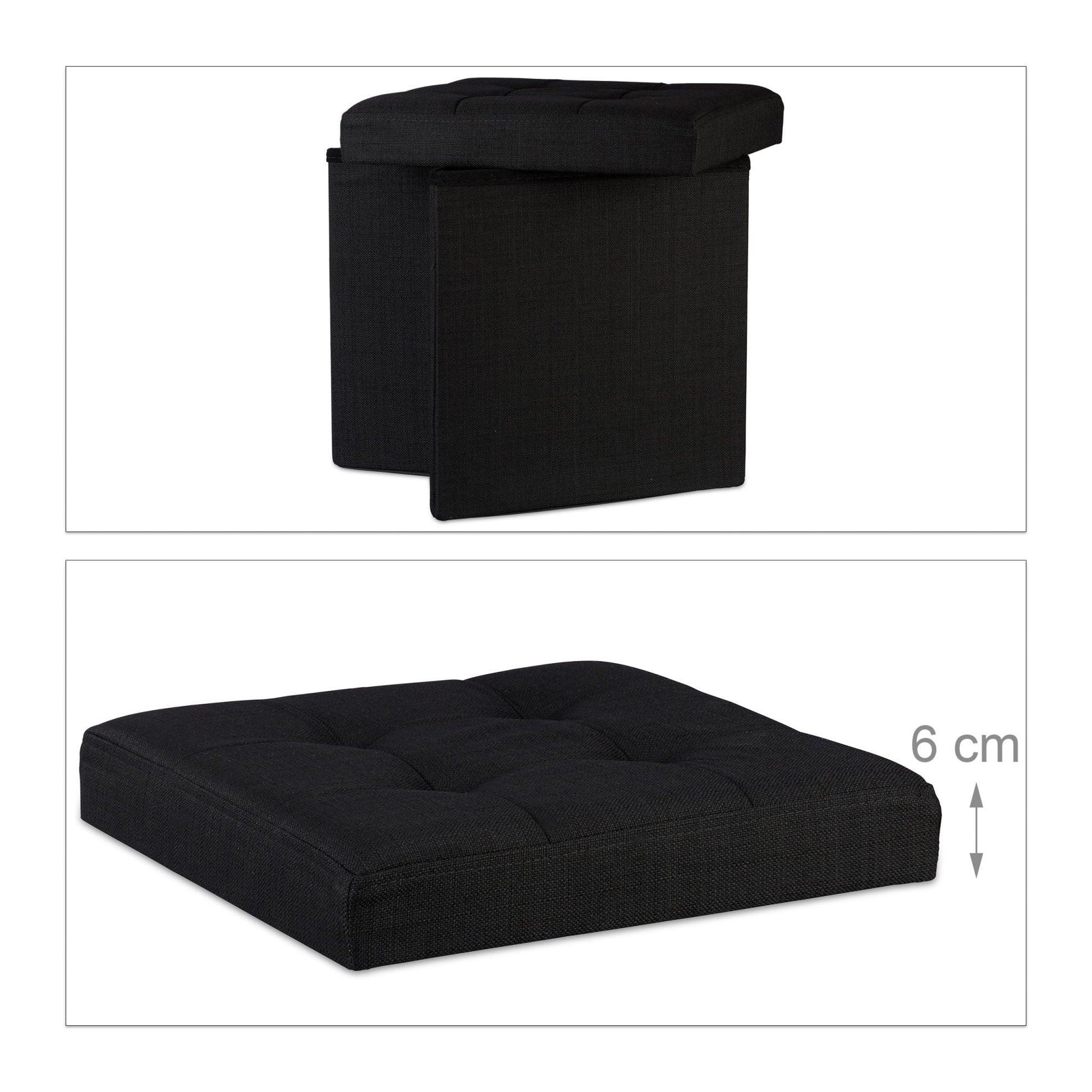 Faltbarer Sitzhocker mit Stauraum Leinen Schwarz von Relaxdays