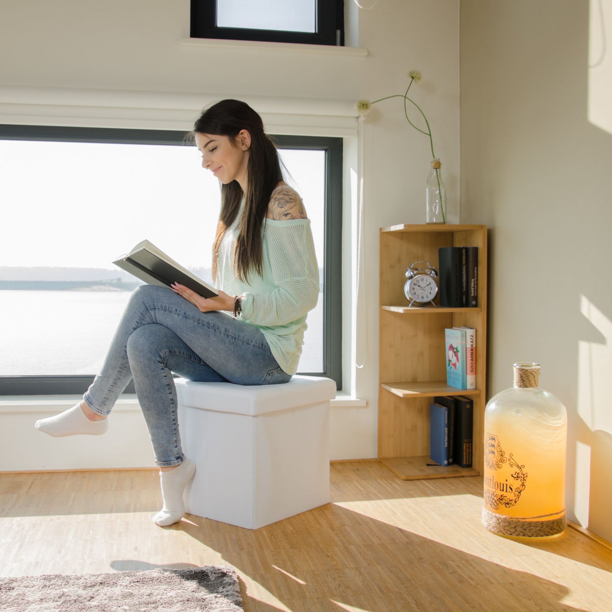 Faltbarer Sitzhocker mit Stauraum Leinen Weiss von Relaxdays