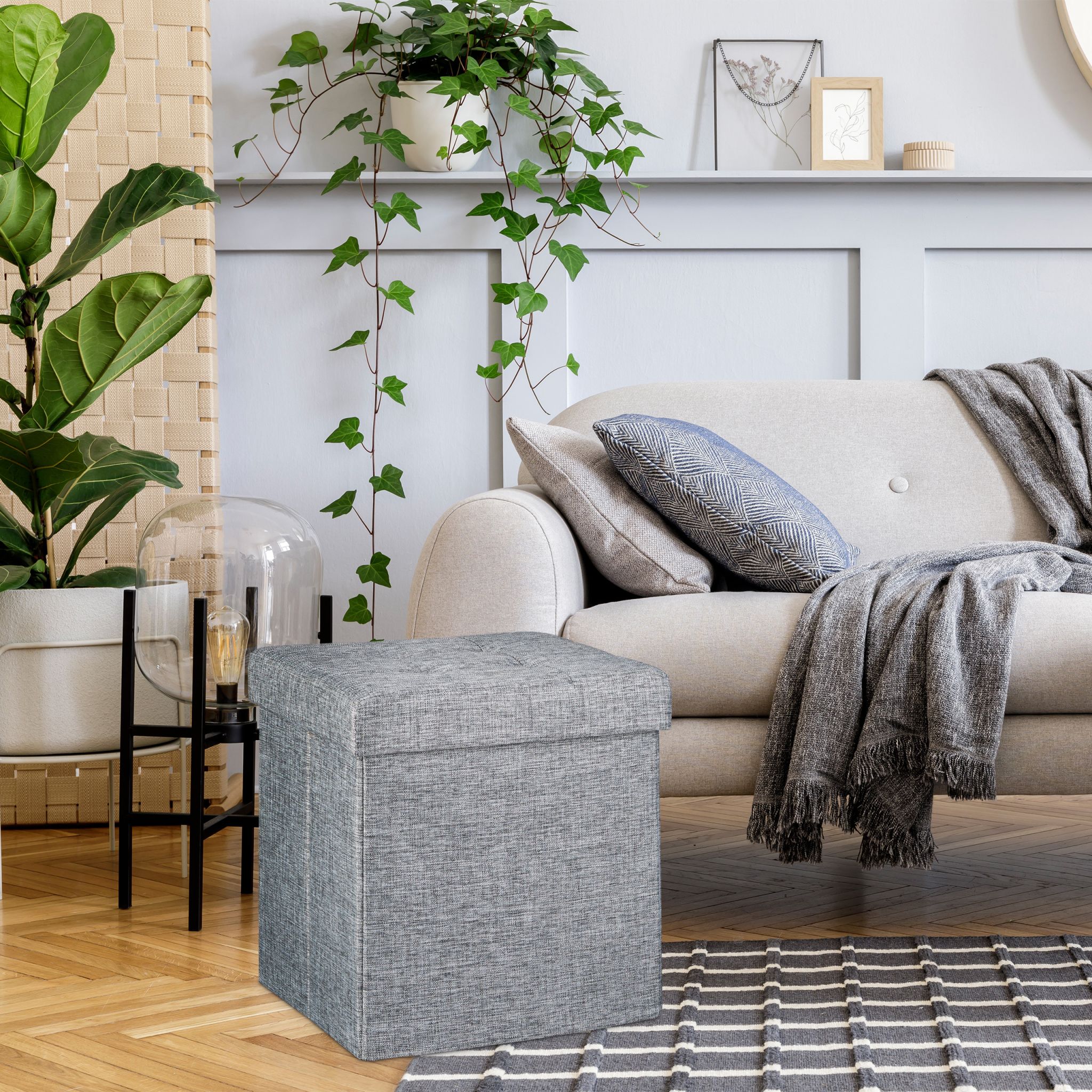 Faltbarer Sitzhocker mit Stauraum Leinen Weiss von Relaxdays