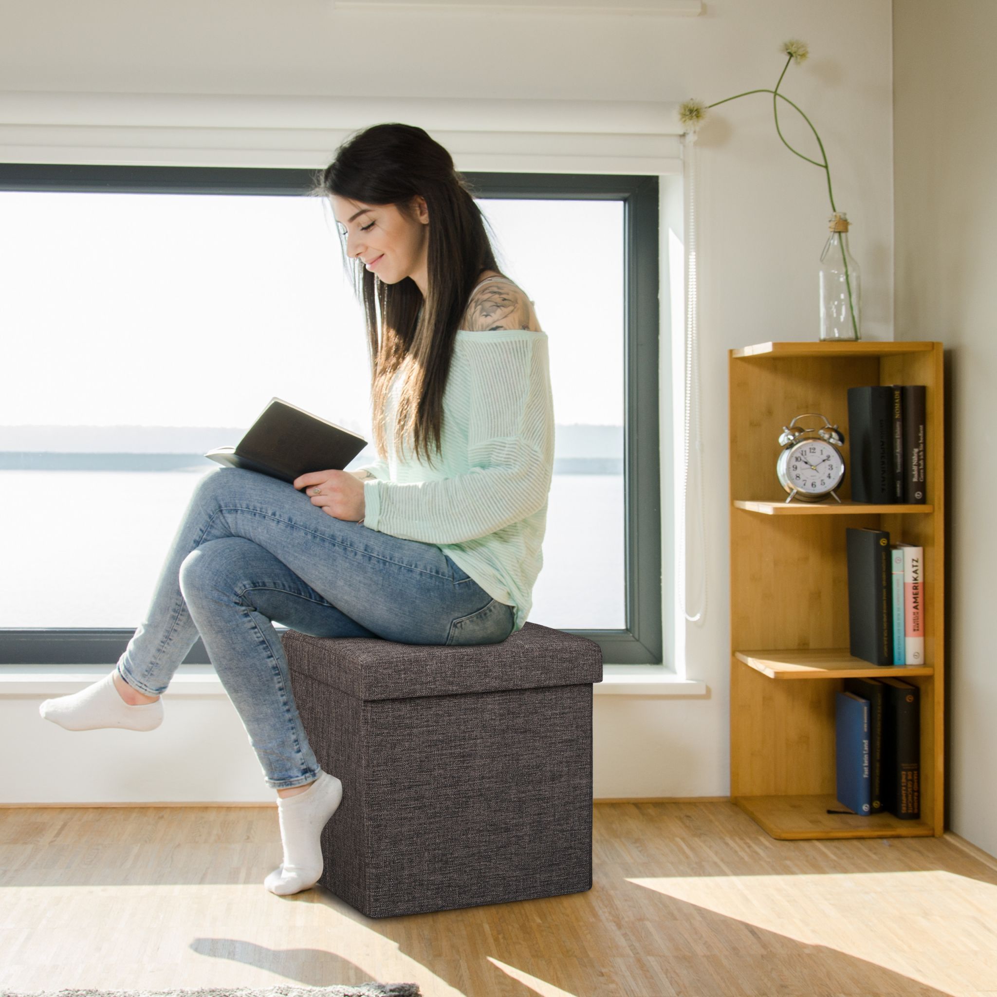 Faltbarer Sitzhocker mit Stauraum Leinen Braun von Relaxdays