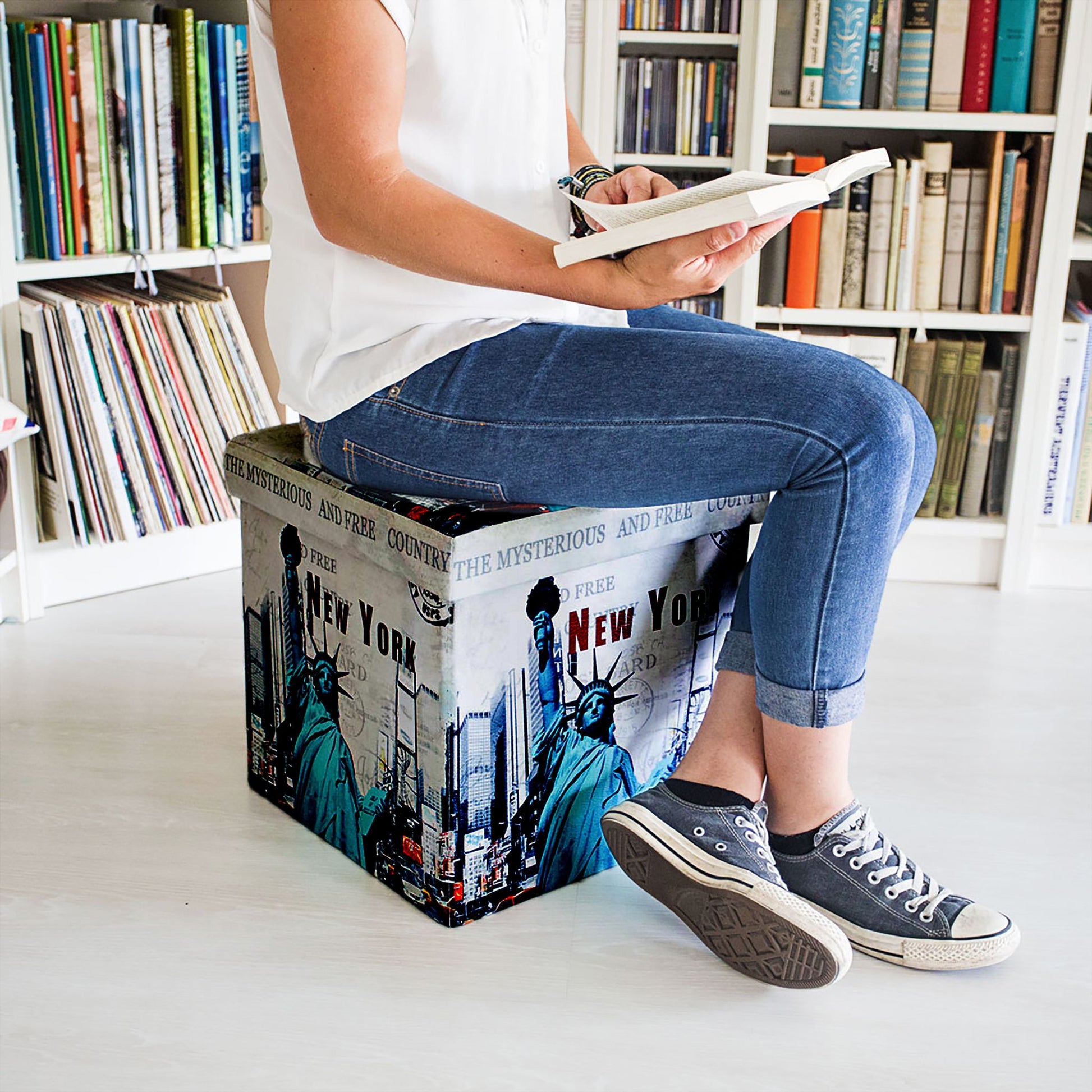 Sitzhocker mit Stauraum Trendmotiv Blau-Schwarz-Grau von Relaxdays