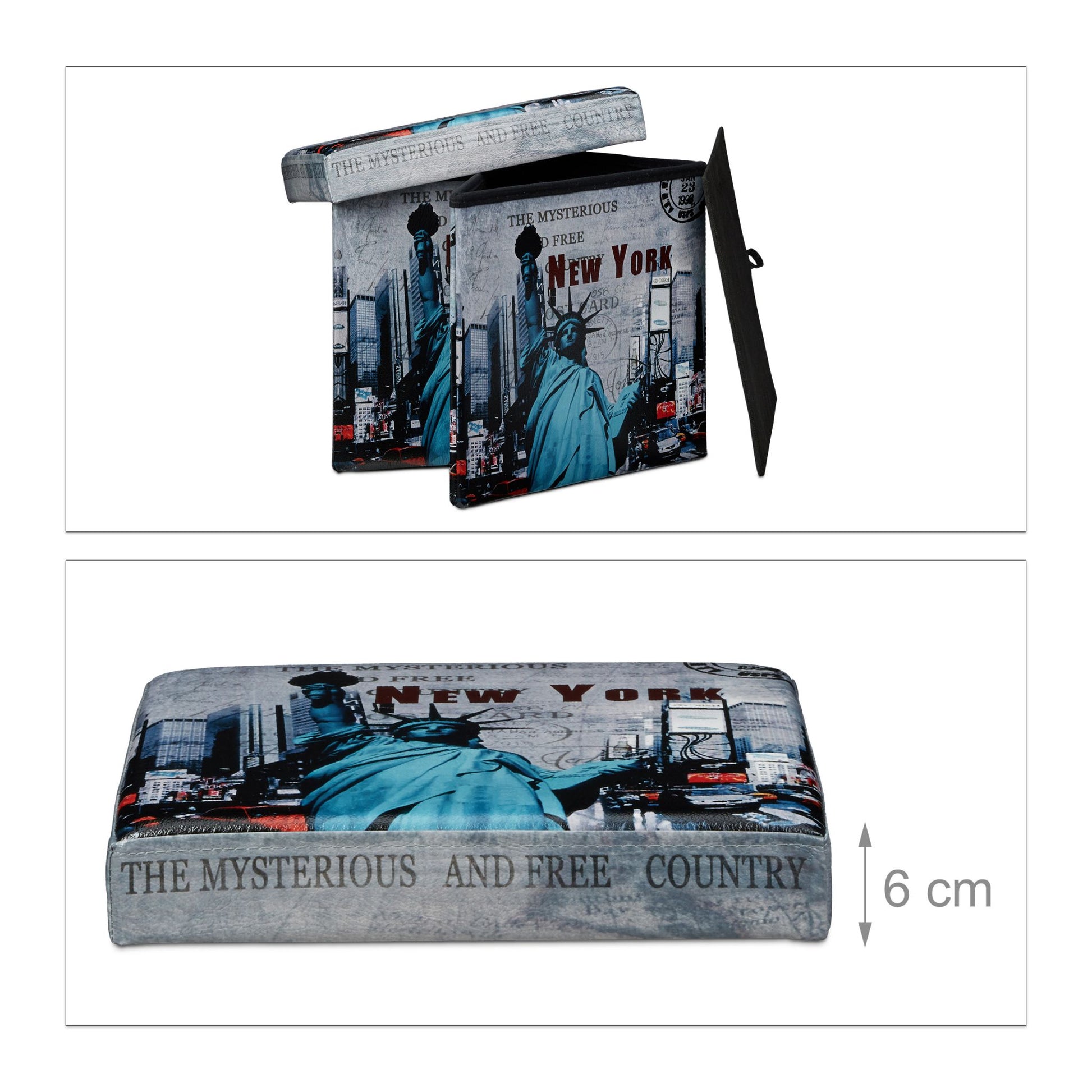 Sitzhocker mit Stauraum Trendmotiv Blau-Schwarz-Grau von Relaxdays