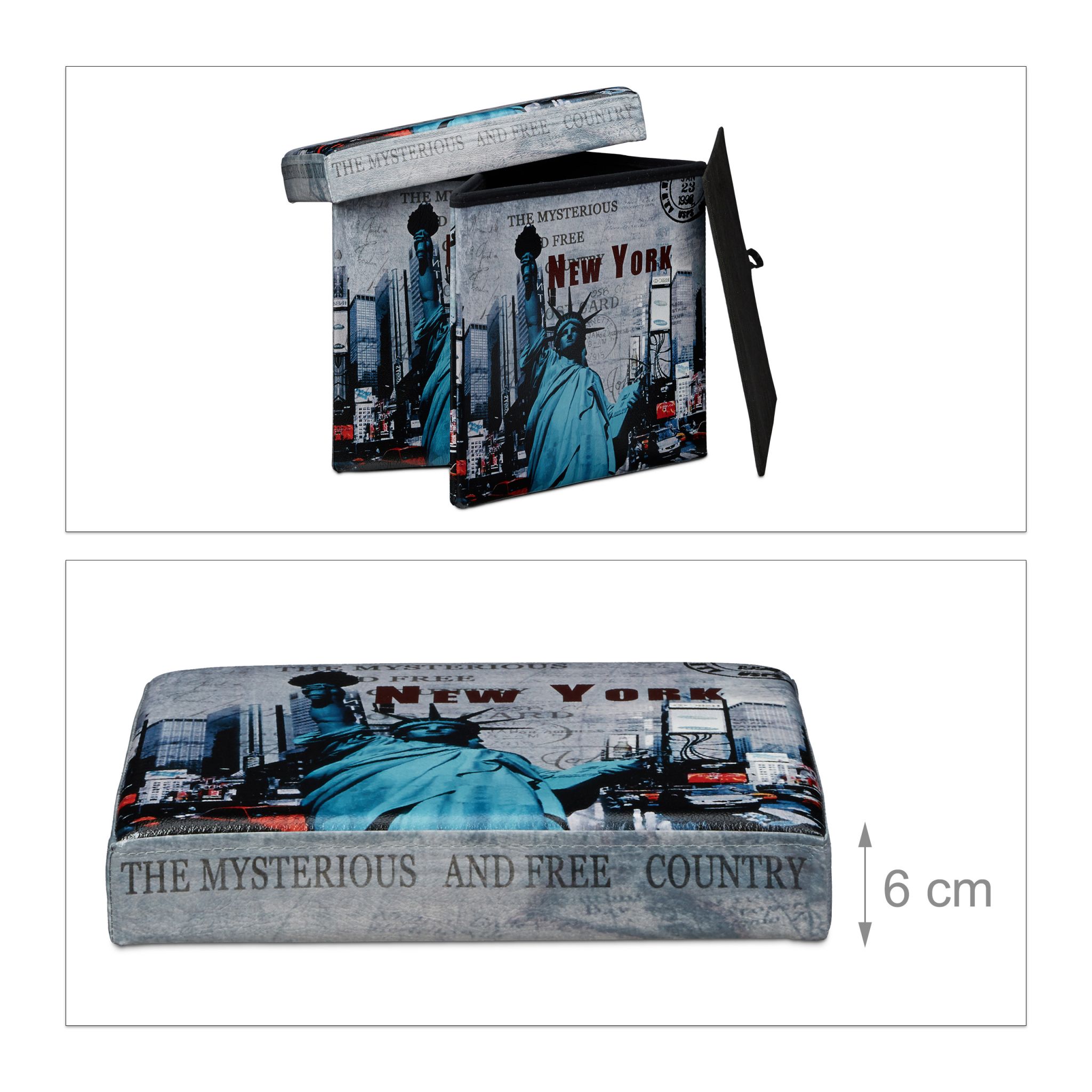Sitzhocker mit Stauraum Trendmotiv Blau-Schwarz-Grau von Relaxdays
