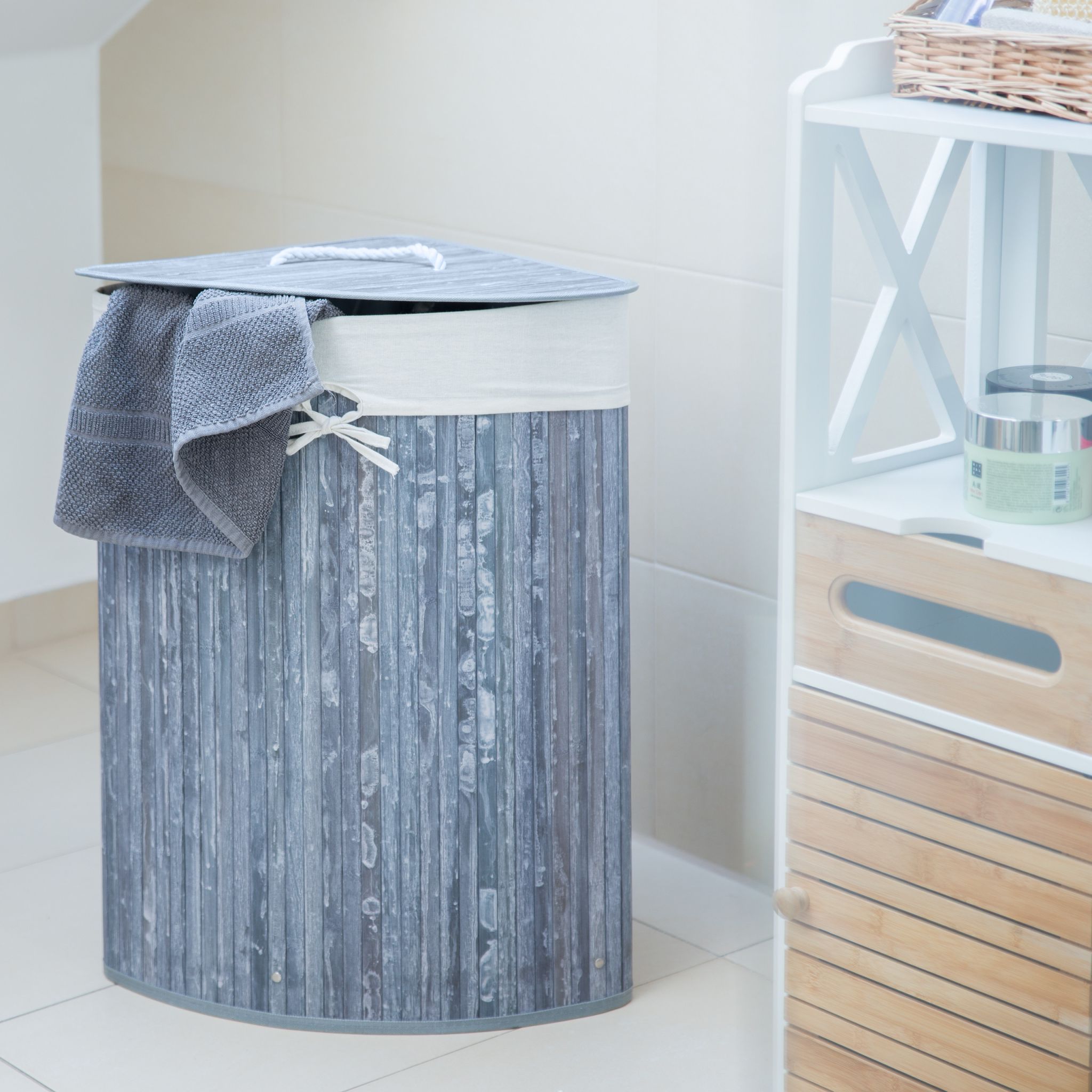 Eckwäschekorb Bambus Weiss-Grau von Relaxdays