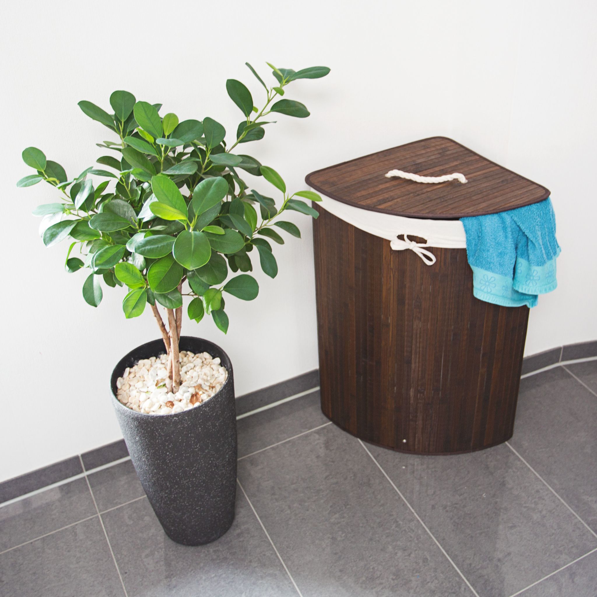 Eckwäschekorb Bambus Weiss-Braun von Relaxdays