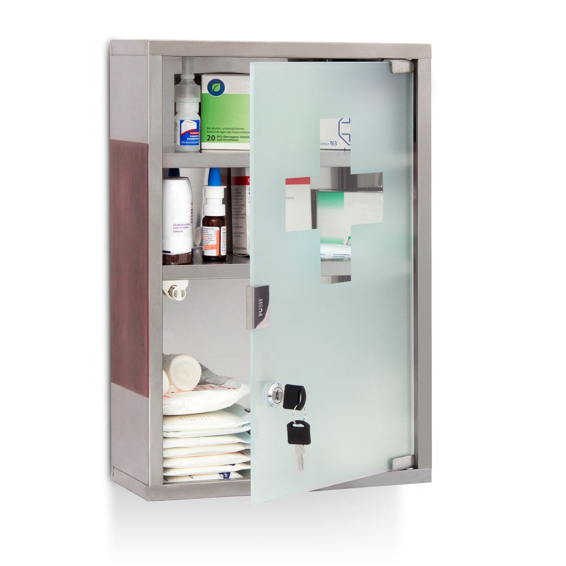 Medizinschrank EMERGENCY Edelstahl XL Braun-Silber-Transparent von Relaxdays