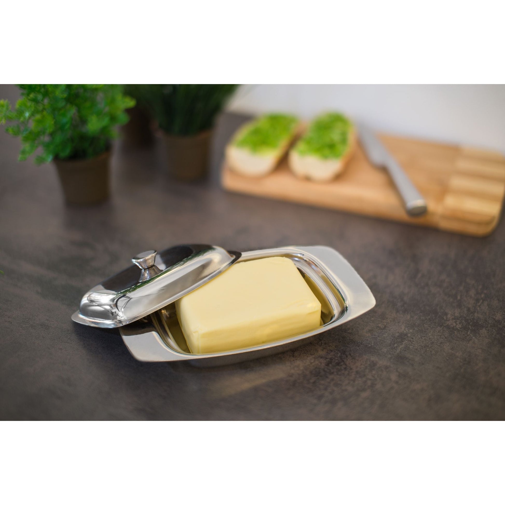 Butterdose Edelstahl mit Griff Silber von Relaxdays