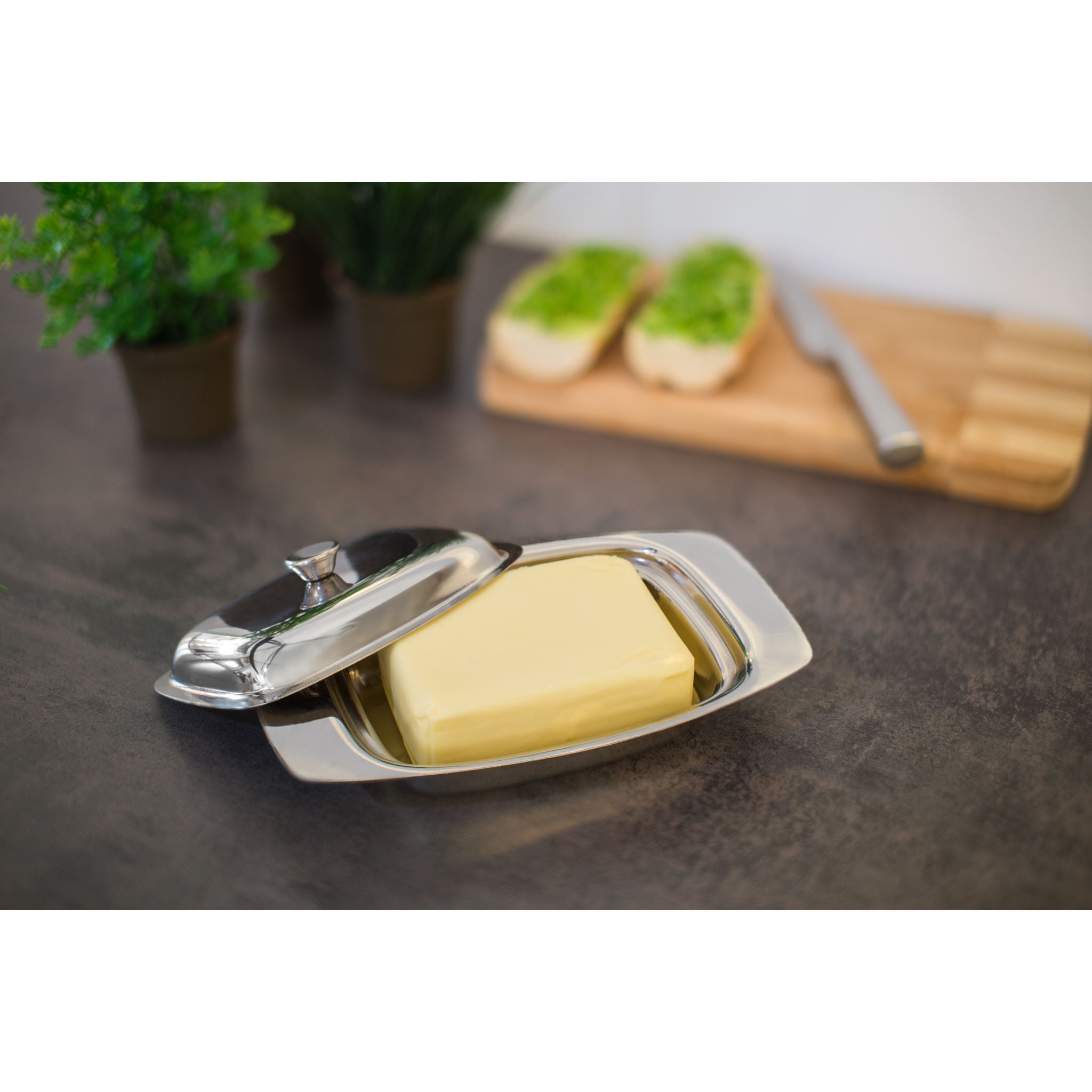 Butterdose Edelstahl mit Griff Silber von Relaxdays