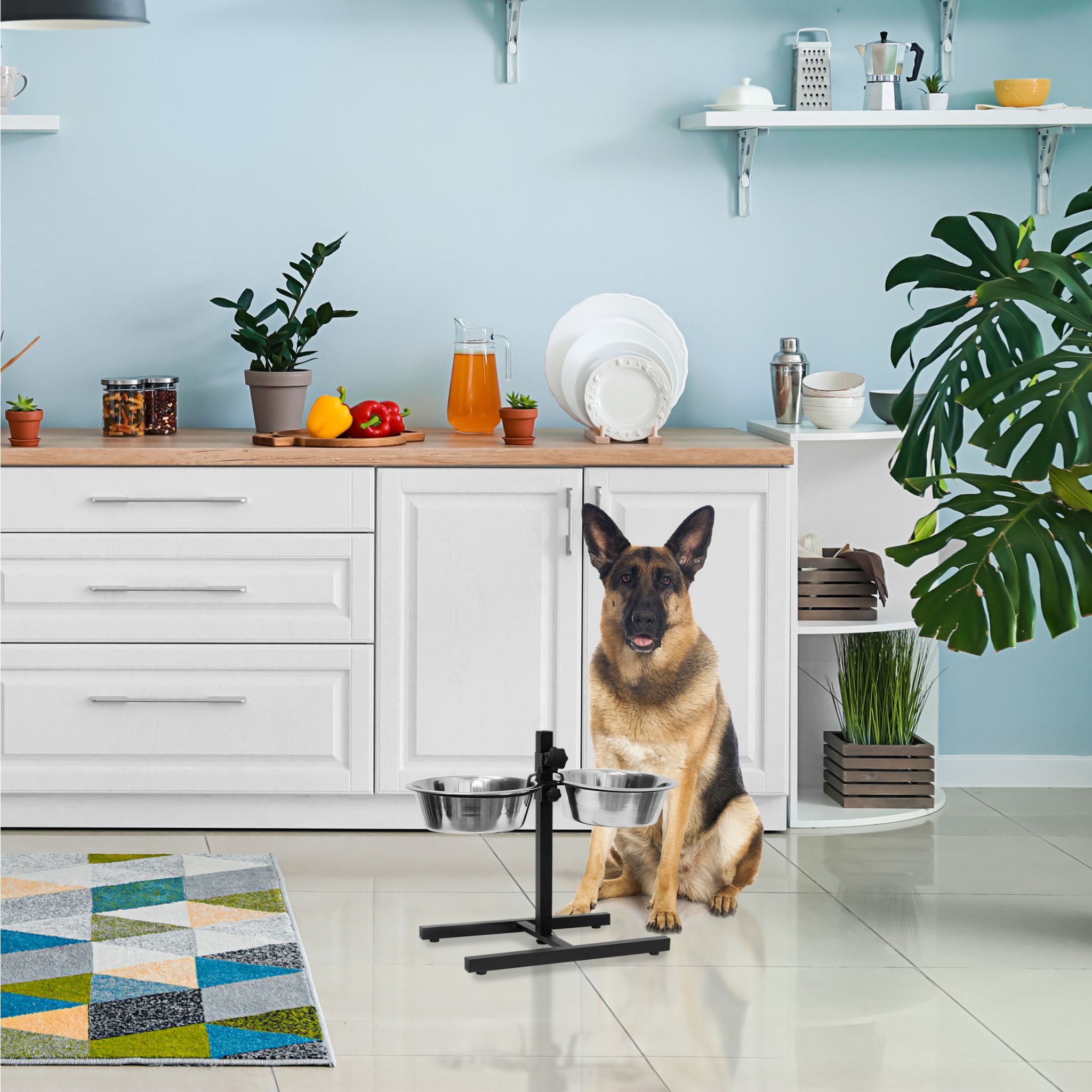 Futterstation Hund höhenverstellbar Schwarz-Silber von Relaxdays
