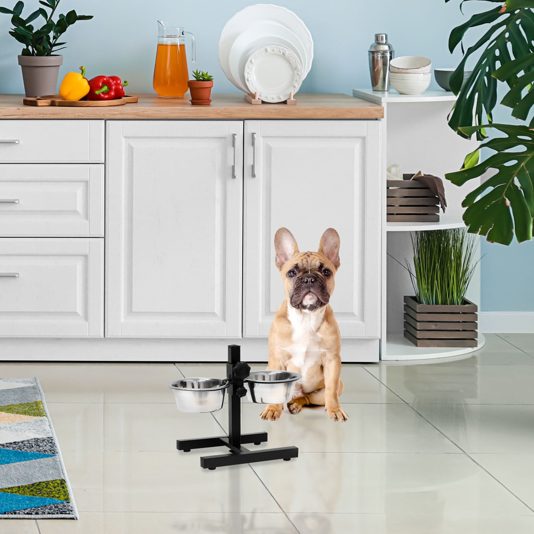 Futterstation Hund höhenverstellbar Schwarz-Silber von Relaxdays