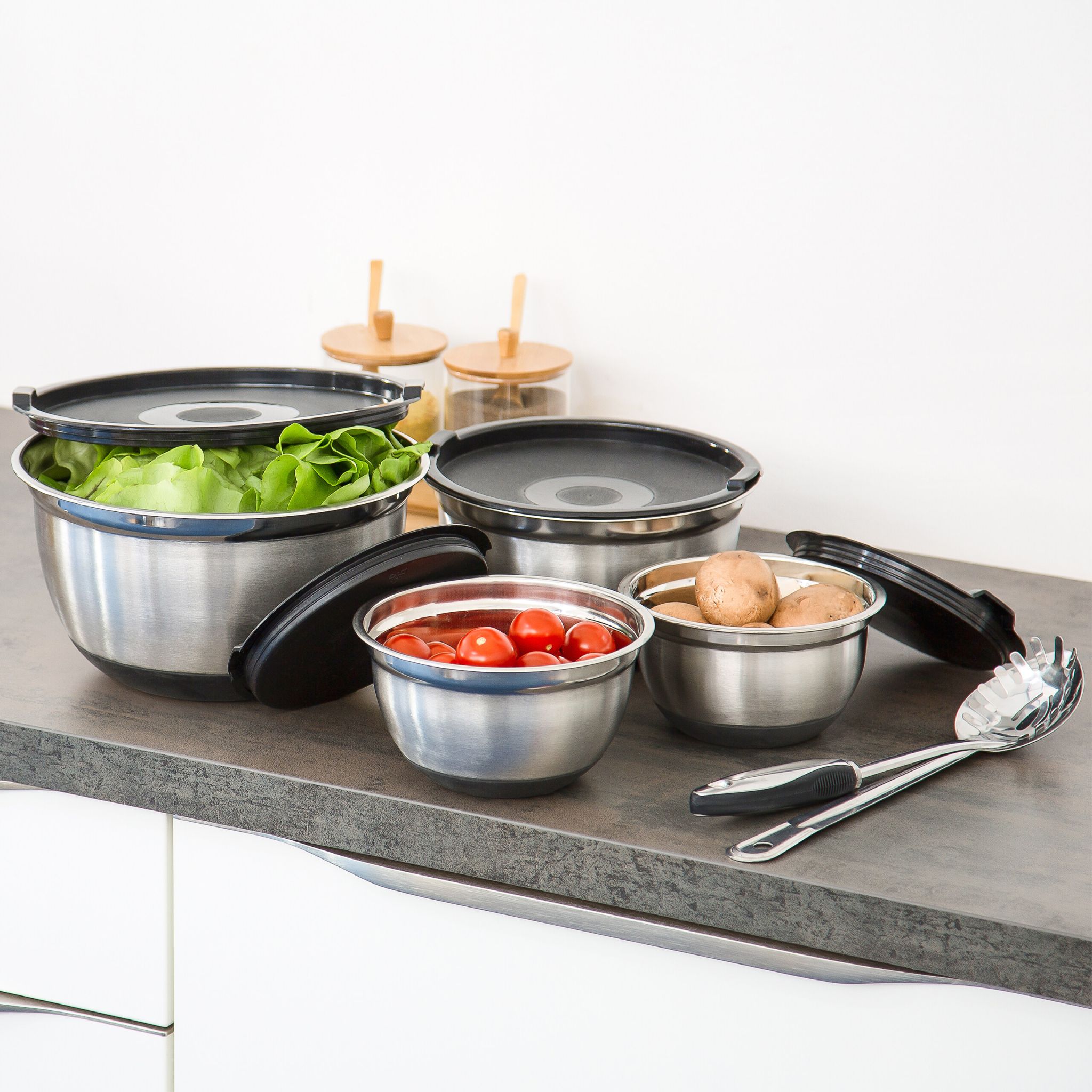 Schüssel Set BOWLY mit Deckel Schwarz-Silber von Relaxdays