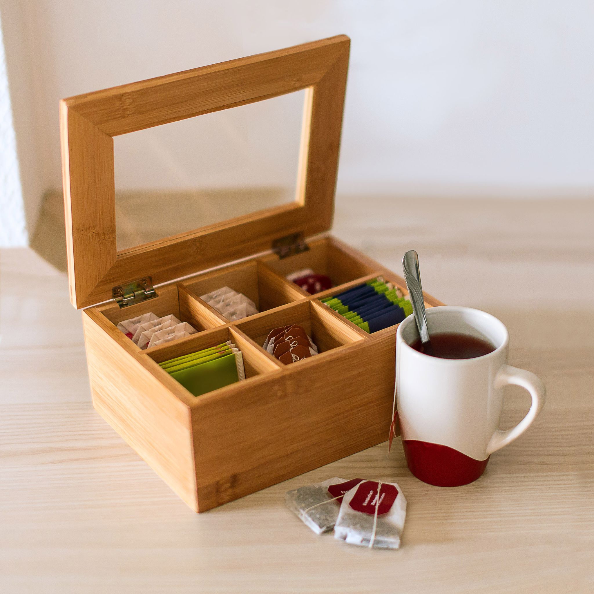Teebox Bambus lackiert 6 und 8 Fächer Hellbraun von Relaxdays