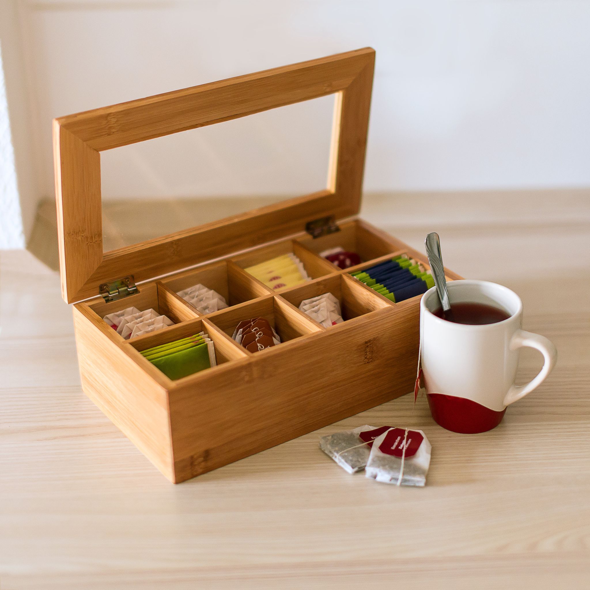 Teebox Bambus lackiert 6 und 8 Fächer Hellbraun von Relaxdays
