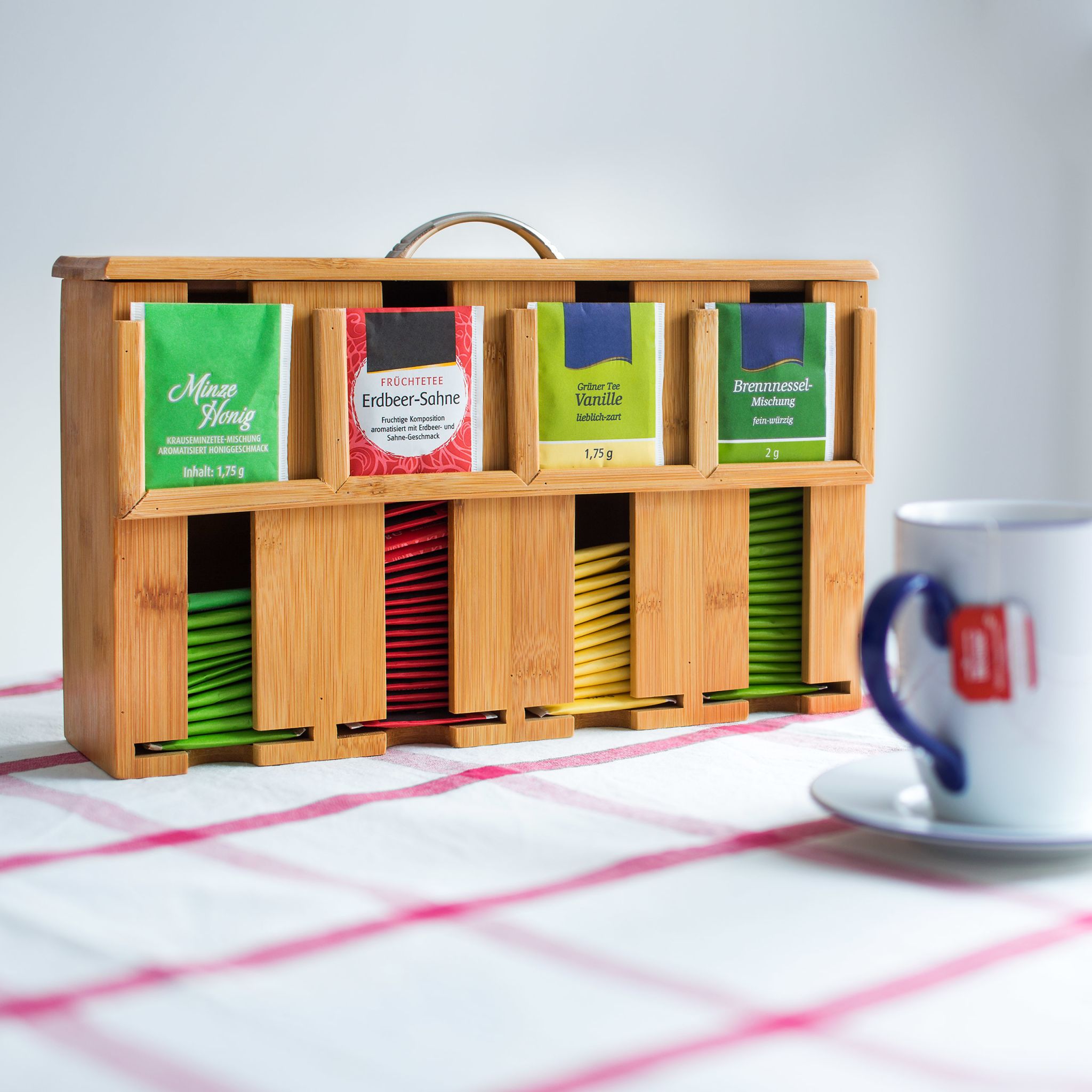 Teebeutelspender Bambus mit 4 Fächern Hellbraun von Relaxdays