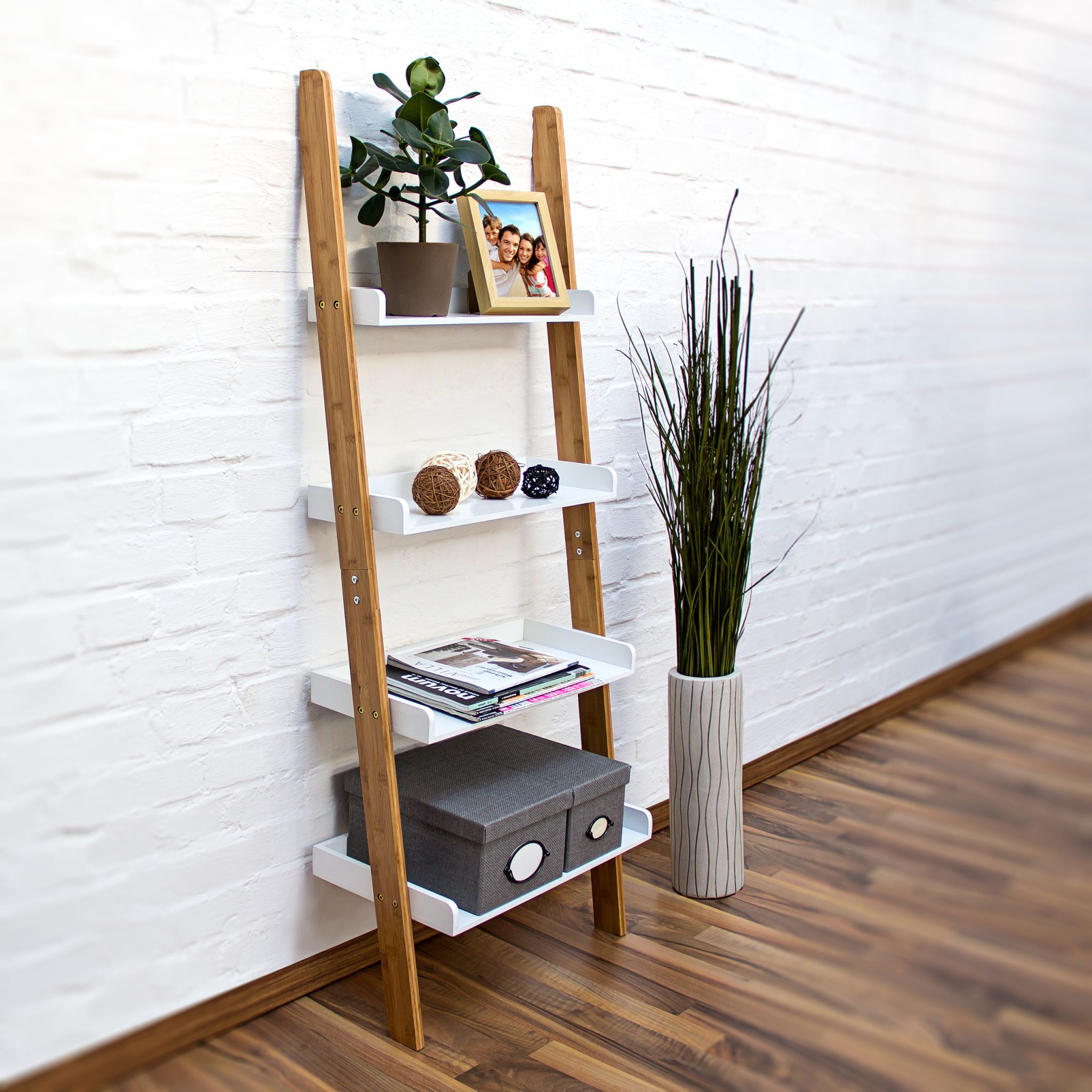 Leiterregal BAMBOO Weiss-Hellbraun von Relaxdays