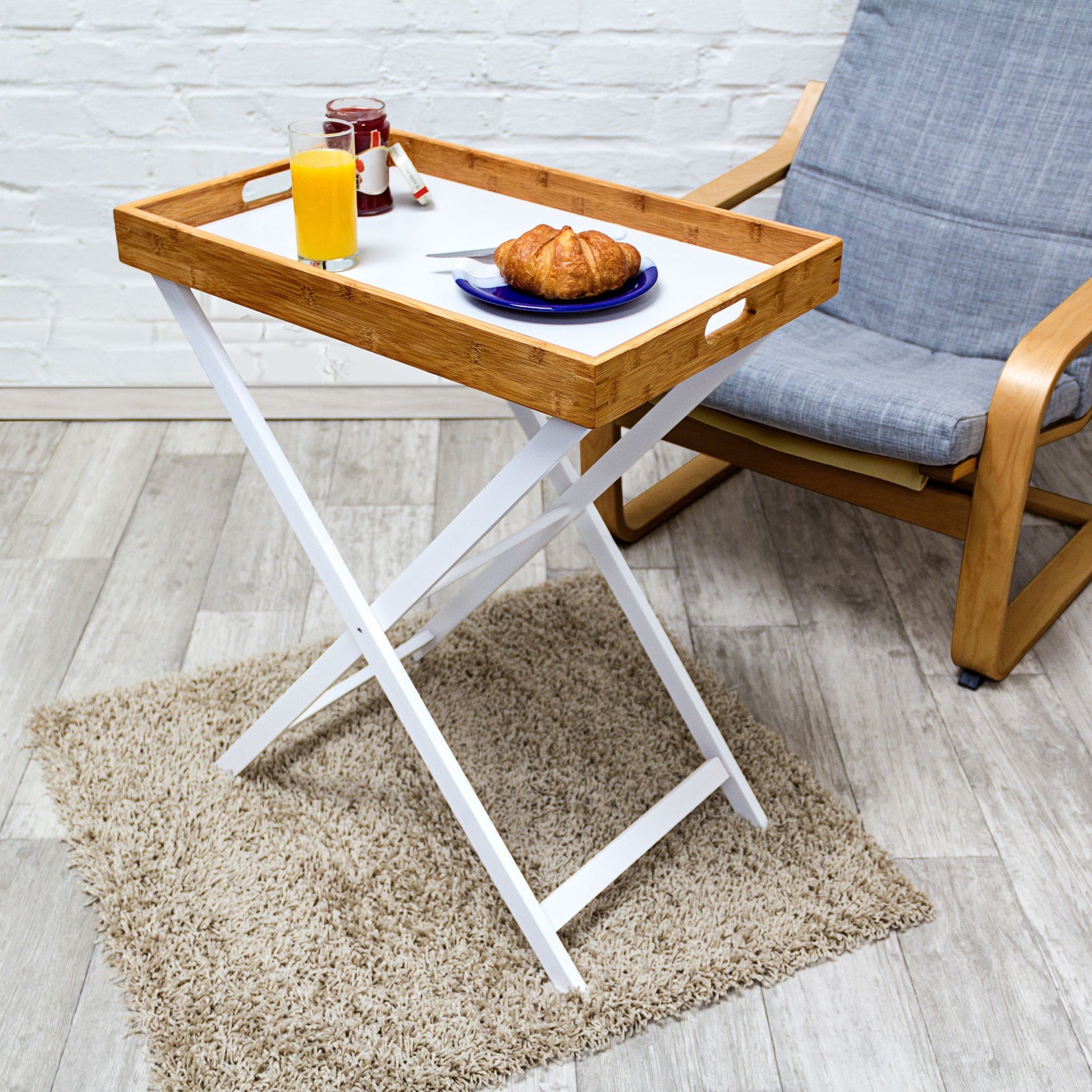 Tabletttisch Holz & Bambus 72cm Weiss-Braun von Relaxdays
