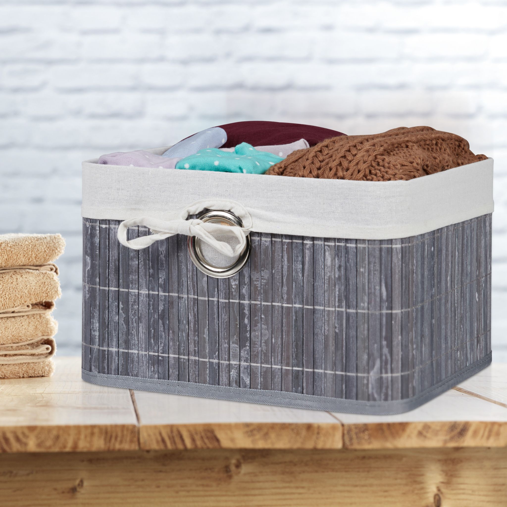 Aufbewahrungskorb Bambus Weiss-Silber-Grau von Relaxdays