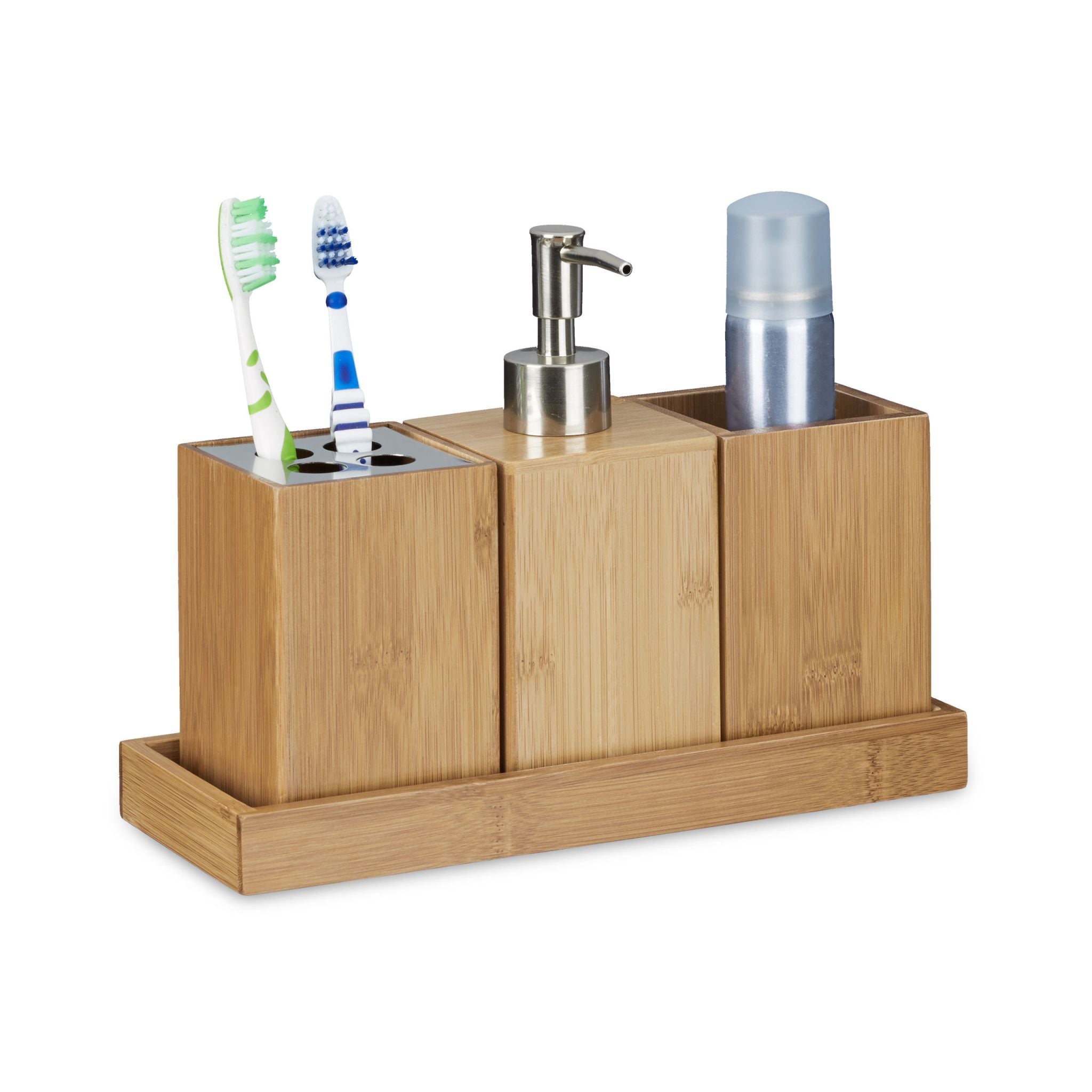 Bad-Accessoires-Set Bambus Hellbraun-Silber von Relaxdays